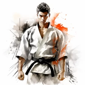 High-Definition Watercolor Style Karate Player Artwork in Manga Influence