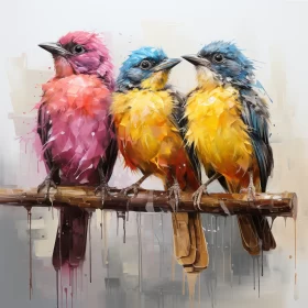 Captivating Painting of Three Colorful Birds on a Branch - Vibrant Hues and Masterful Detail