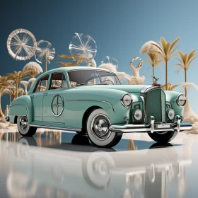 Classic Car at Beach and Fountain: Stylized Orientalist and Bauhaus Scenes - AI Art images