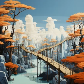 Fantasy Landscape with Treetop Bridge and Colorful Woodcarvings
