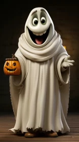 Photorealistic Cartoon Ghost Holding a Pumpkin