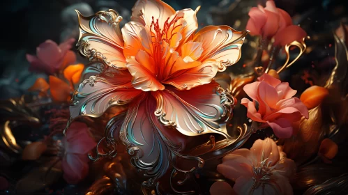 Surrealistic Metallic Orange Flower - Rococo Inspired 4K Wallpaper