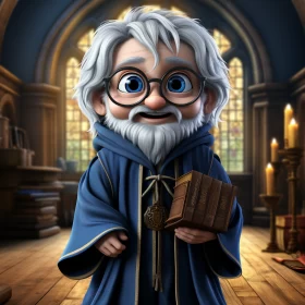 Fantasy Wizard in Blue Robe: Cartoonish Style Illustration