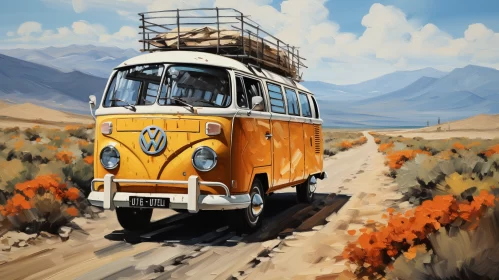 Orange Brown VW Bus on an Open Road - Whimsical Wilderness Art