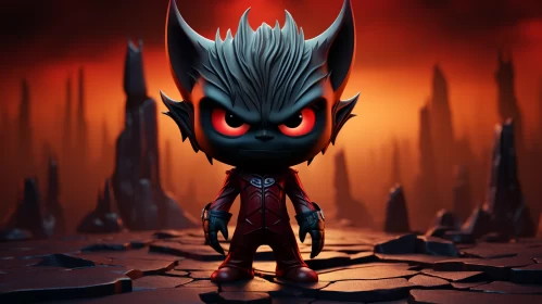 Gothic Toy Character with Red Eyes in Mountain Scene