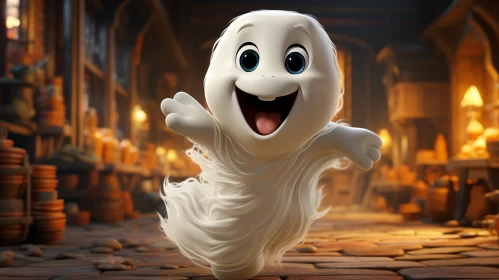 Joyful Animated Ghost in a Mysterious Room