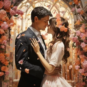 Romantic Embrace in Dreamy Garden - Figurative Art