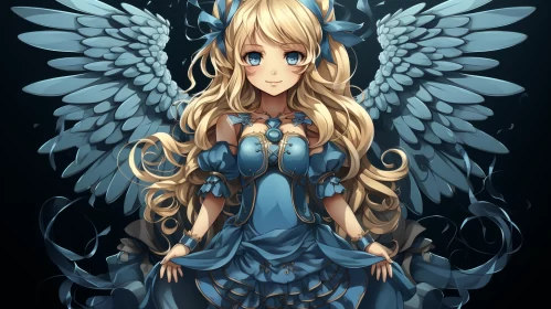 Anime Girl in Blue Dress with Wings - A Fairy Tale in Digital Art