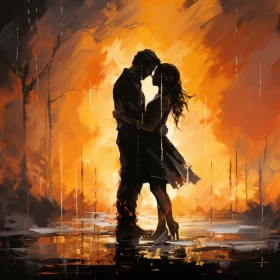 Romantic Tonalist Painting of a Couple Kissing in the Rain