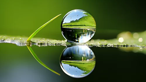 Mirrored Realms: Water Drop Reflection on Grass