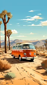 Retro Orange VW Van in Desert Landscape - Digital Painting