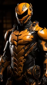 Orange and Black Superhero Armor in a Dark Hallway