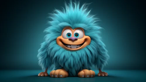 Blue Cartoon Monster with Textured Fur on Dark Background