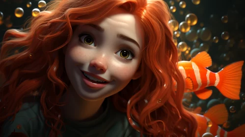 Enchanting Red-Haired Girl with Fish in Bubbles Illustration