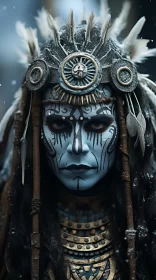 Enigmatic Woman with Feather Adornments and Blue Makeup
