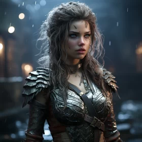 Mythical Warrior Woman in Rain: A Detailed Portrayal
