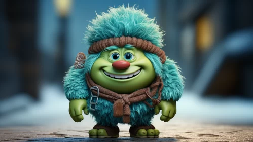 Cheerful Animated Character with Colorful Fur on Street