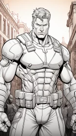 Comic Book Character in Cityscape - Monochrome Image