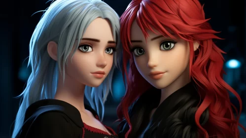 Charming Anime Characters with Blue Hair Against Dark Building