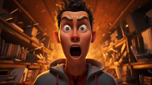 Shocked Animated Character in Book-Filled Surroundings