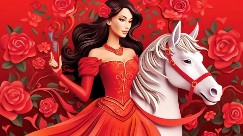 Enchanting Lady in Red Dress on Pink Horse - Fantasy Illustration