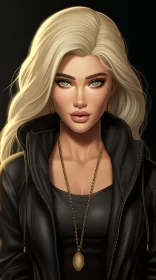 Enchanting Blonde Woman in Black Leather Jacket and Gold Jewelry