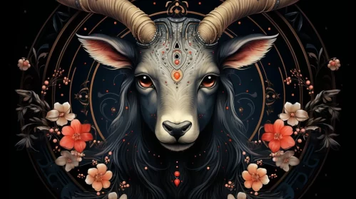 Intricate Floral Goat Head Art Print - Darkly Detailed Symmetry