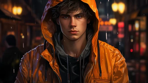Youthful Protagonist in Rain Jacket: An Urban Storybook Scene