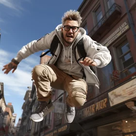 Man in Glasses and Hoodie Leaping in Urban Landscape