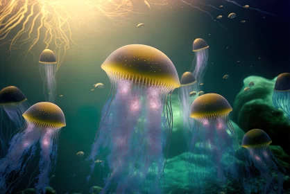 Jellyfish Swimming in Light-Filled Ocean - Solarpunk Style