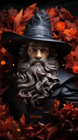 Fantasy Wizard Portrait with Autumn Leaves and Flower Hat