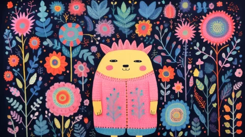 Folk Art Inspired Illustration of a Bear in a Colorful Garden