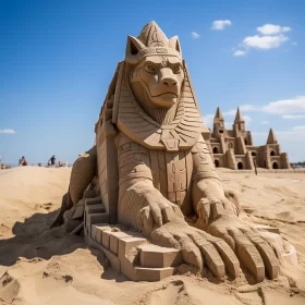 Ancient Sphinx and Elephant Sand Sculpture on Coastal Setting