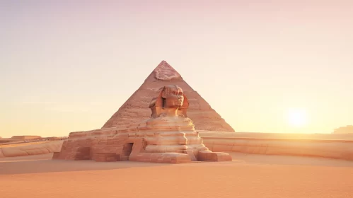 Sphinx and Pyramid in the Desert at Sunset