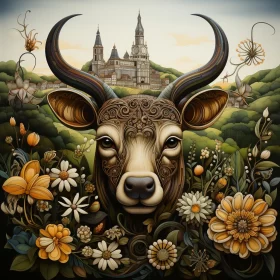Gothic Portraiture of a Cow Amidst Nature and Architecture