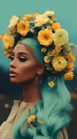 Neo-Traditionalist Portrait of Woman with Turquoise Hair and Flower Crown
