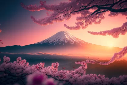 Mount Fuji and Cherry Blossoms: A Serene Sunset View