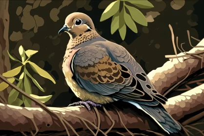 Realistic Portraiture of Dove on Tree Branch in Plein Air