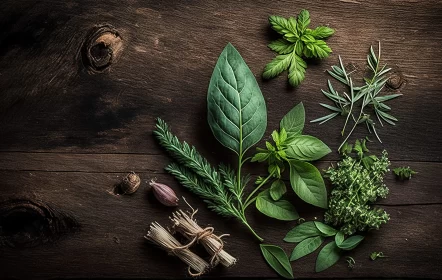 Fresh Herbs on Wooden Table - A Renaissance-Inspired Composition