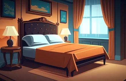 Cartoon Bedroom Scene with Rich Color Contrasts and Detailed Shading