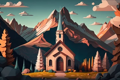 Warm Palette Church in Mountains - Detailed Cartoon Illustration