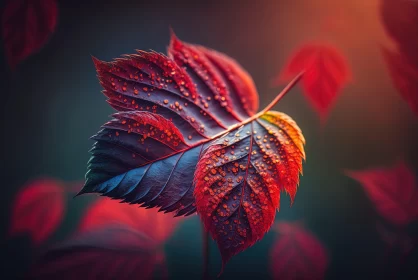 Autumn Leaf in Red, Purple, and Blue - A Romanticized Nature Artwork