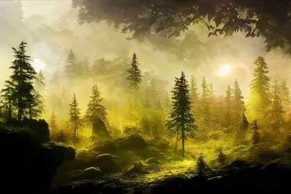 Mystical Forest Landscape in Sunlight