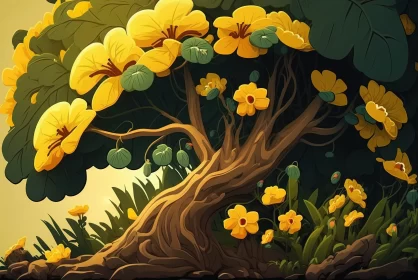 Exotic Fantasy Landscape with Cartoon Tree and Yellow Flowers