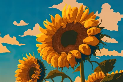Sun-Kissed Sunflowers Under Cloudy Sky - Nostalgic Flat Illustration