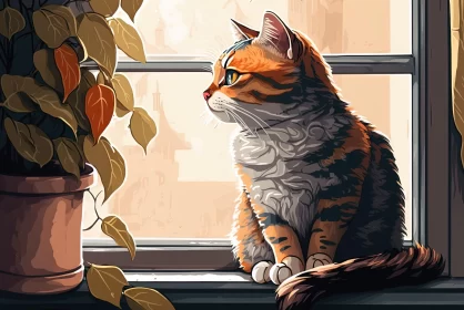 Warm Toned Cat in Window - Hand-Painted Pixel Art