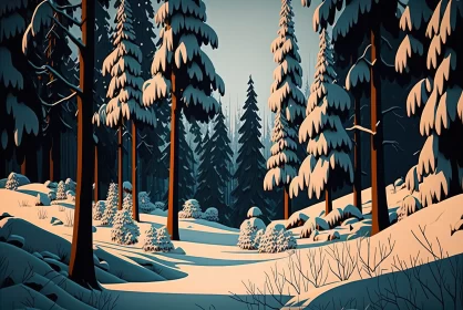 Snowy Forest Cartoon Illustration - Cabincore Aesthetic