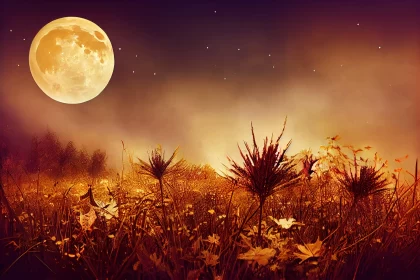 Surreal Full Moon Over Flower Field - Halloween Fantasy
