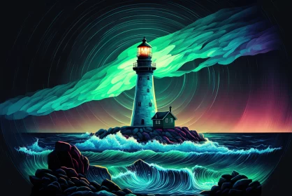 Lighthouse in Stormy Seascape - Dark Cyan Night Scene