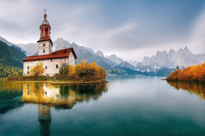 Picturesque Church on a Lake Amidst Mountainous Vistas